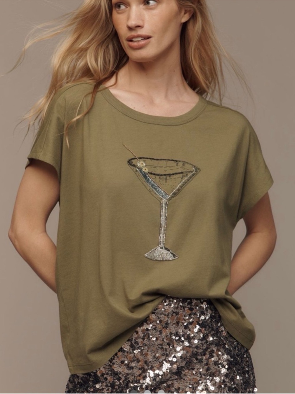 NEW Anthropologie Maeve Embroidered Cocktail Tee Shirt Dirty Martini beaded NEW